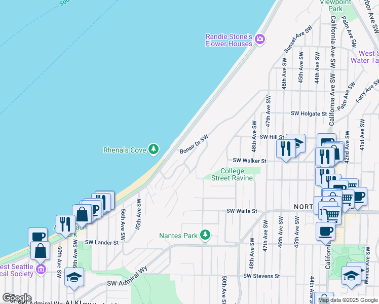 map of restaurants, bars, coffee shops, grocery stores, and more near 2134 Bonair Drive Southwest in Seattle