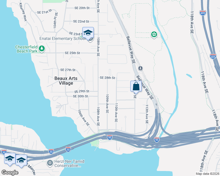 map of restaurants, bars, coffee shops, grocery stores, and more near 2832 109th Avenue Southeast in Bellevue