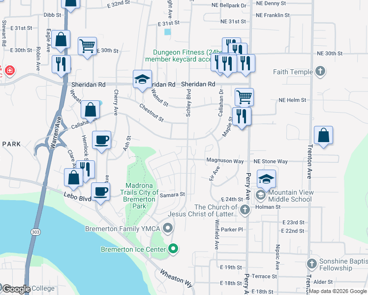 map of restaurants, bars, coffee shops, grocery stores, and more near 2527 Schley Boulevard in Bremerton