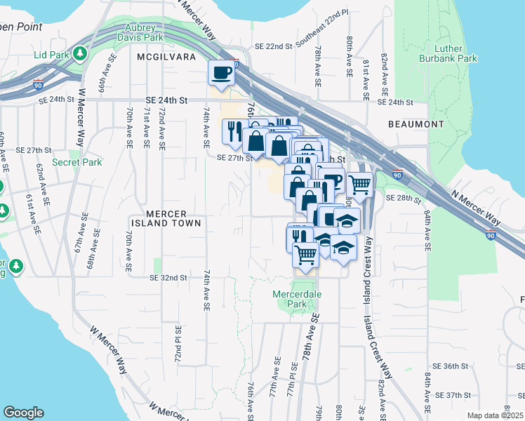map of restaurants, bars, coffee shops, grocery stores, and more near 7623 Southeast 29th Street in Mercer Island