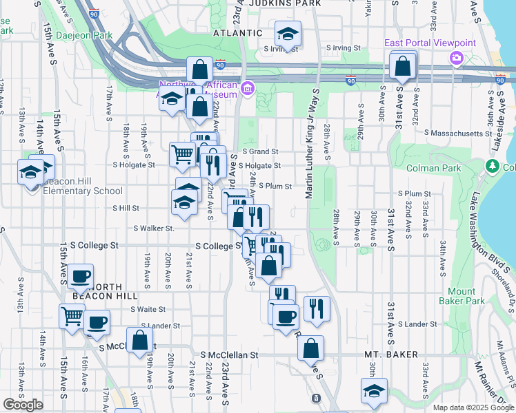 map of restaurants, bars, coffee shops, grocery stores, and more near 2101 South Hill Street in Seattle