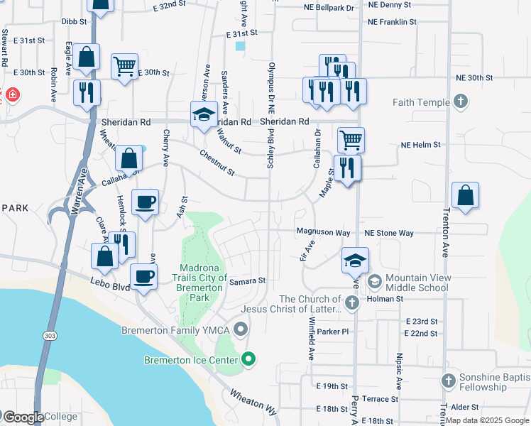 map of restaurants, bars, coffee shops, grocery stores, and more near 2527 Schley Boulevard in Bremerton