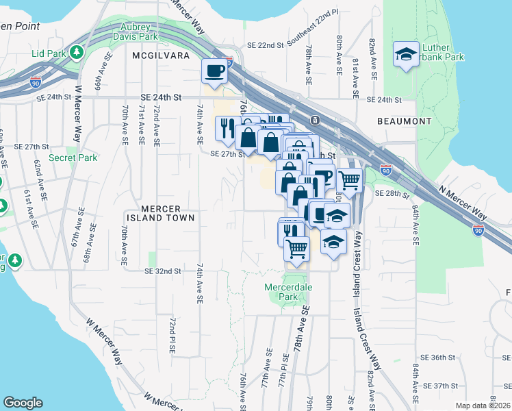 map of restaurants, bars, coffee shops, grocery stores, and more near 7600 Southeast 29th Street in Mercer Island