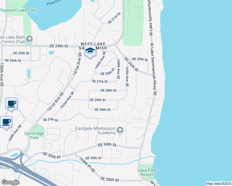 map of restaurants, bars, coffee shops, grocery stores, and more near 16721 Southeast 28th Street in Bellevue