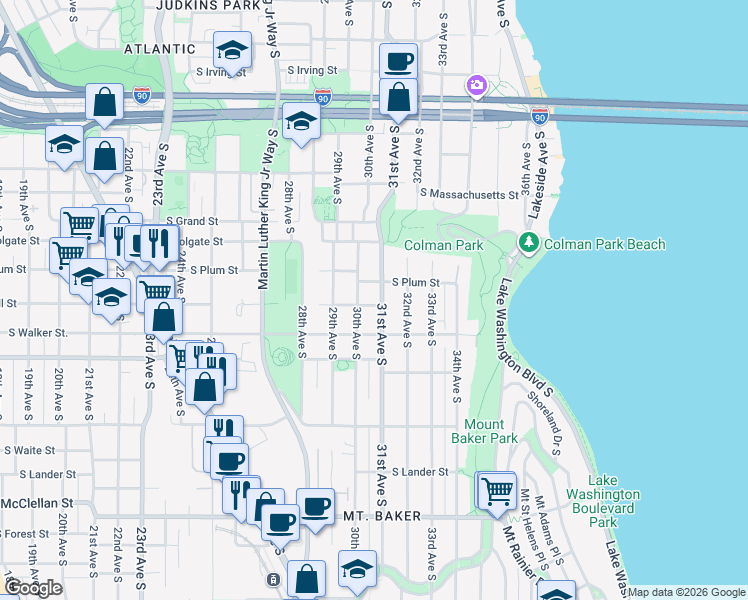 map of restaurants, bars, coffee shops, grocery stores, and more near 2017 31st Avenue South in Seattle