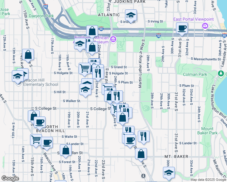 map of restaurants, bars, coffee shops, grocery stores, and more near 2029 24th Avenue South in Seattle