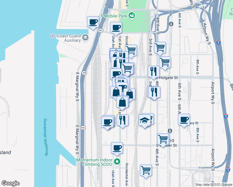 map of restaurants, bars, coffee shops, grocery stores, and more near 1950 1st Avenue South in Seattle