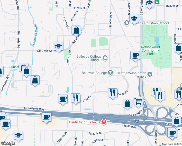 map of restaurants, bars, coffee shops, grocery stores, and more near 2957 142nd Place Southeast in Bellevue