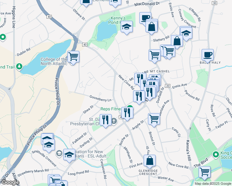 map of restaurants, bars, coffee shops, grocery stores, and more near 104 Portugal Cove Road in St. John's