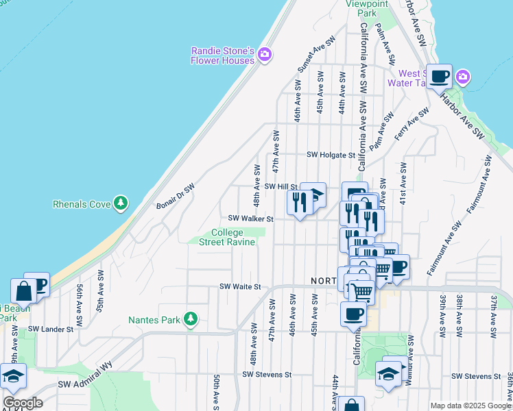 map of restaurants, bars, coffee shops, grocery stores, and more near 2131 48th Avenue Southwest in Seattle