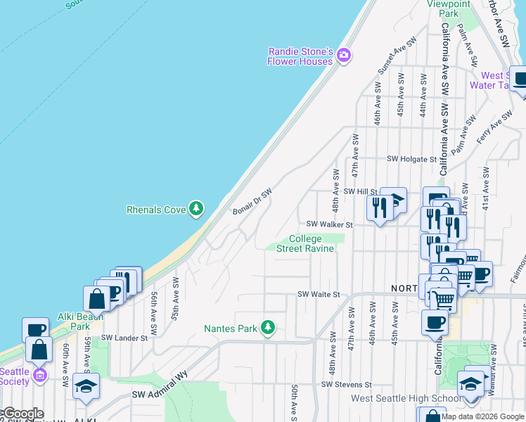 map of restaurants, bars, coffee shops, grocery stores, and more near 2123 52nd Avenue Southwest in Seattle