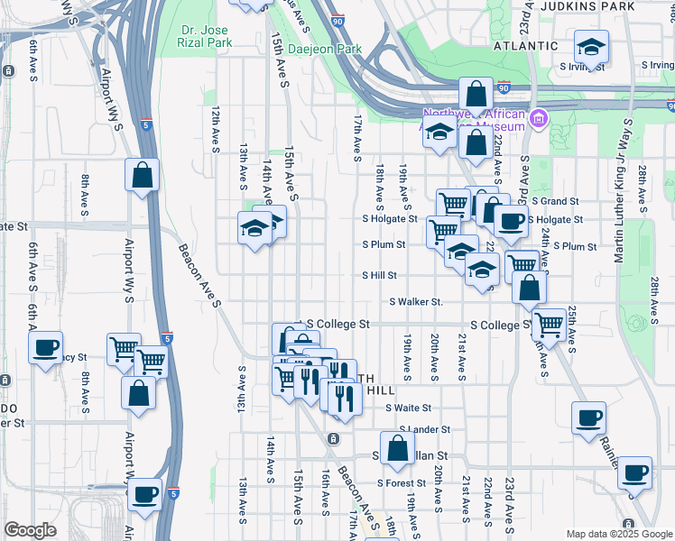 map of restaurants, bars, coffee shops, grocery stores, and more near 1610 South Hill Street in Seattle