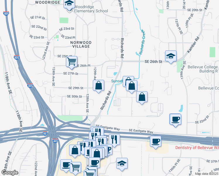 map of restaurants, bars, coffee shops, grocery stores, and more near 13001 Southeast 28th Place in Bellevue
