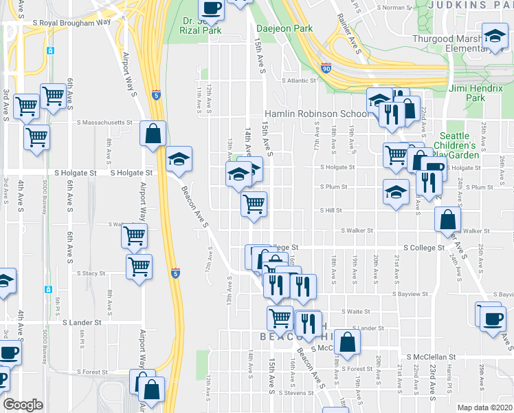map of restaurants, bars, coffee shops, grocery stores, and more near in Seattle