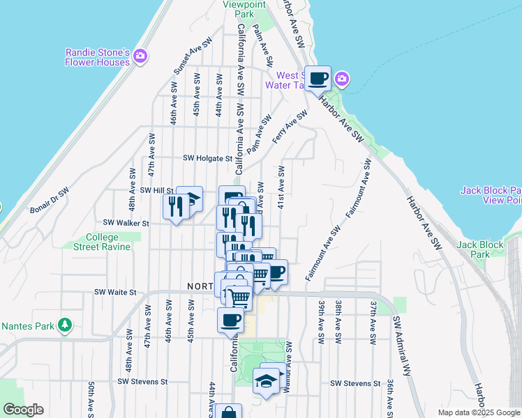 map of restaurants, bars, coffee shops, grocery stores, and more near 2124 42nd Avenue Southwest in Seattle