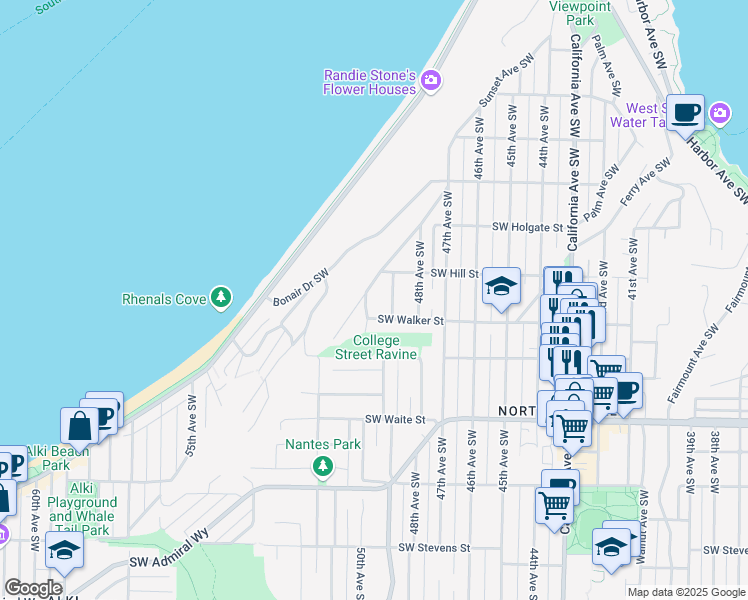 map of restaurants, bars, coffee shops, grocery stores, and more near 2150 Sunset Avenue Southwest in Seattle