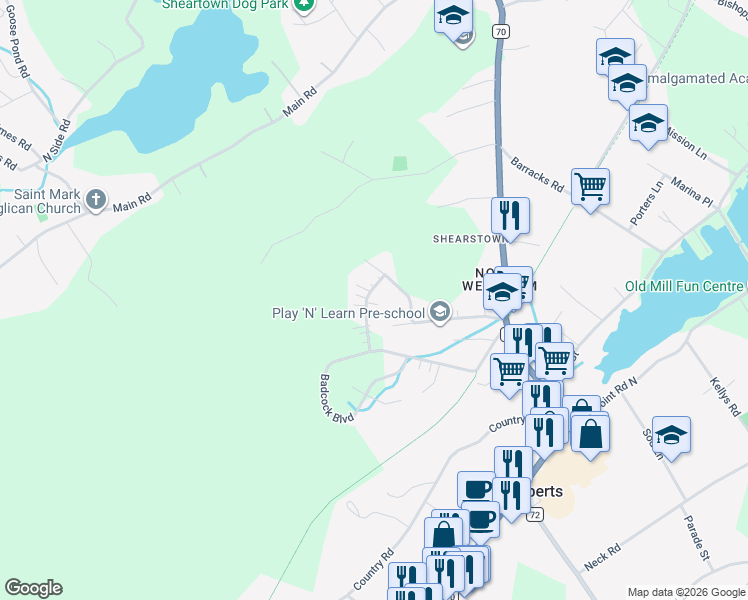 map of restaurants, bars, coffee shops, grocery stores, and more near 11 Fitzgerald Place in Bay Roberts