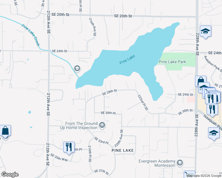 map of restaurants, bars, coffee shops, grocery stores, and more near 21828 Southeast 28th Street in Sammamish