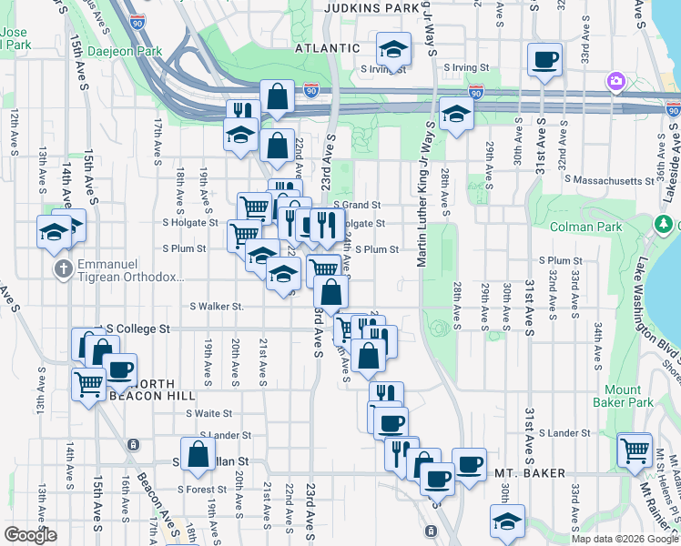 map of restaurants, bars, coffee shops, grocery stores, and more near 2023 24th Avenue South in Seattle