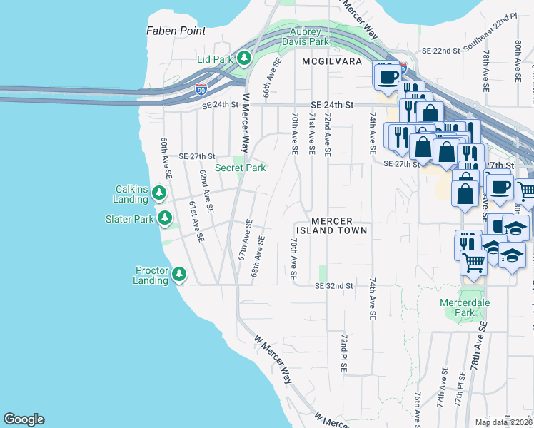 map of restaurants, bars, coffee shops, grocery stores, and more near 68th Avenue Southeast in Mercer Island