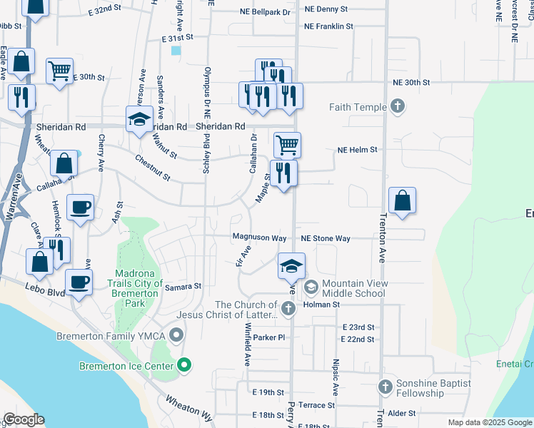 map of restaurants, bars, coffee shops, grocery stores, and more near 2700 Maple Street in Bremerton