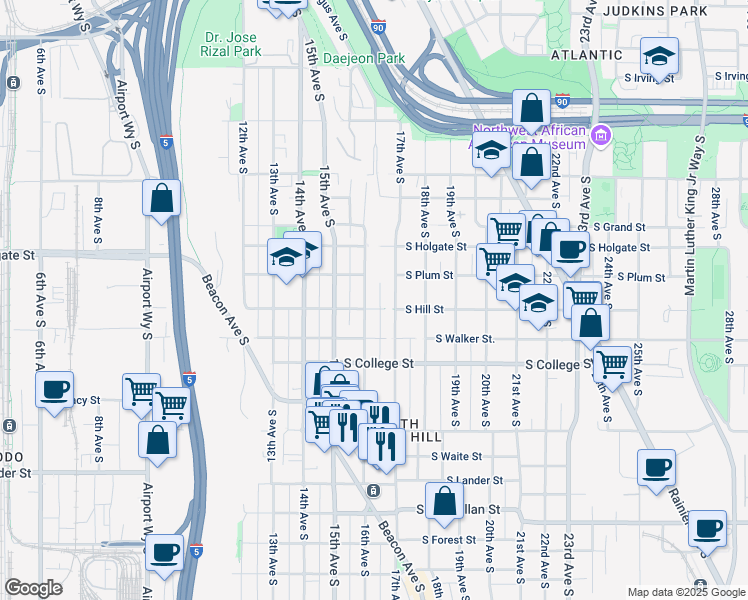 map of restaurants, bars, coffee shops, grocery stores, and more near 1610 South Hill Street in Seattle