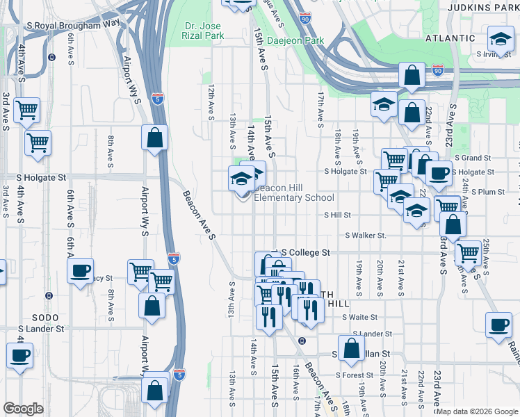 map of restaurants, bars, coffee shops, grocery stores, and more near in Seattle