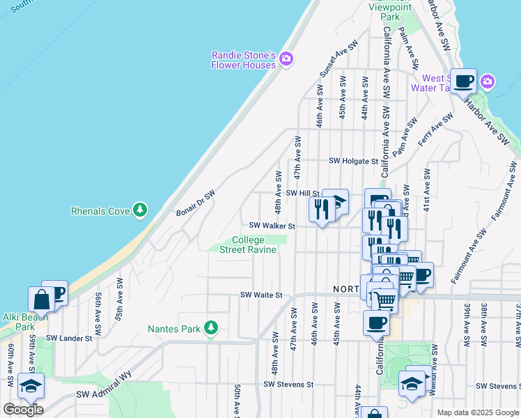 map of restaurants, bars, coffee shops, grocery stores, and more near 2130 49th Avenue Southwest in Seattle