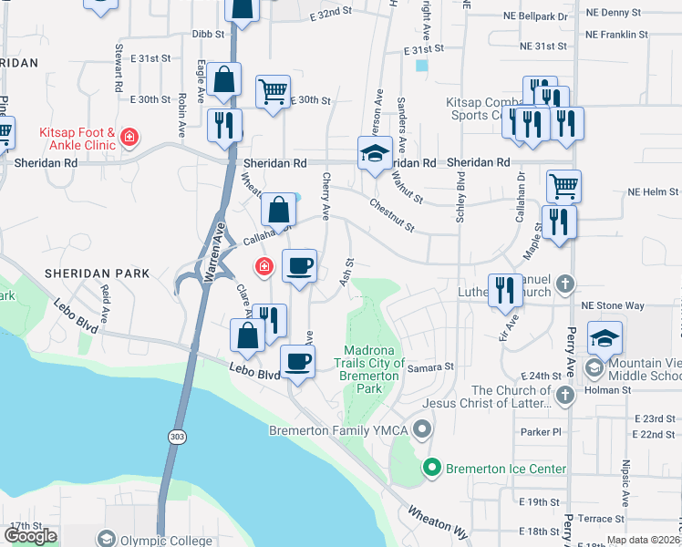 map of restaurants, bars, coffee shops, grocery stores, and more near 2619 Ash Street in Bremerton