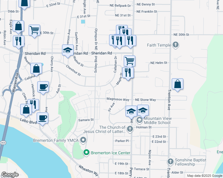 map of restaurants, bars, coffee shops, grocery stores, and more near 2512 Magnuson Court in Bremerton