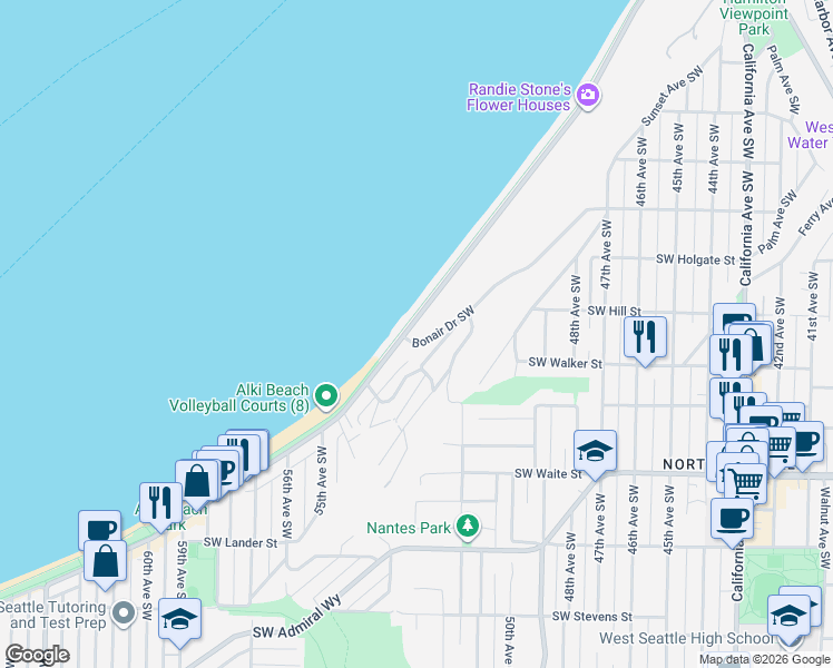 map of restaurants, bars, coffee shops, grocery stores, and more near 2134 Bonair Drive Southwest in Seattle