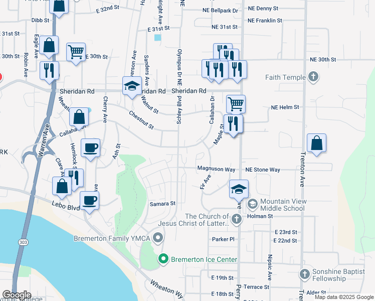 map of restaurants, bars, coffee shops, grocery stores, and more near 1121 Callahan Drive in Bremerton