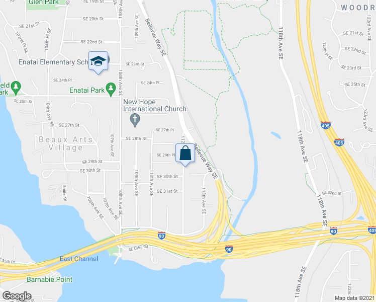 map of restaurants, bars, coffee shops, grocery stores, and more near 2835 112th Avenue Southeast in Bellevue