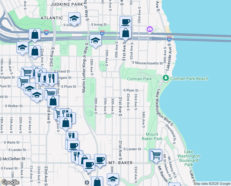 map of restaurants, bars, coffee shops, grocery stores, and more near 2017 31st Avenue South in Seattle