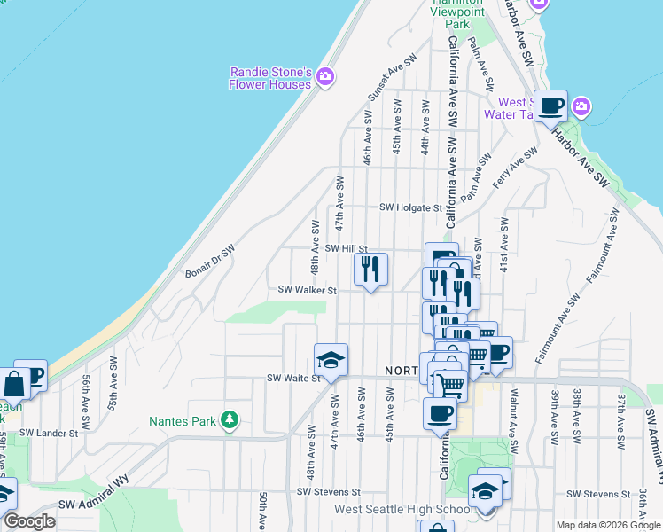 map of restaurants, bars, coffee shops, grocery stores, and more near 2130 48th Avenue Southwest in Seattle
