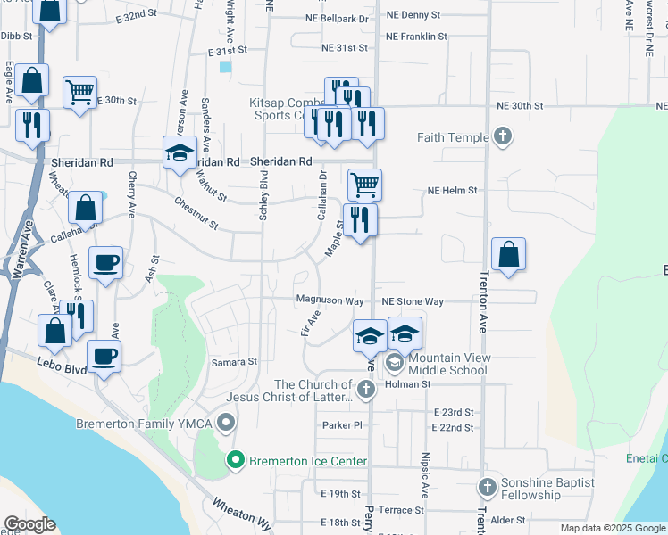 map of restaurants, bars, coffee shops, grocery stores, and more near 2604 Fir Avenue in Bremerton