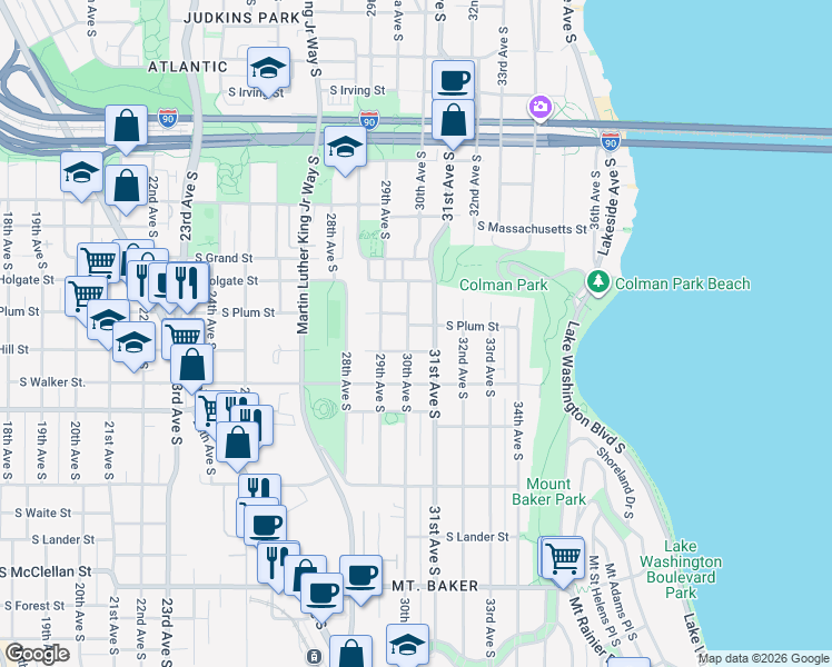 map of restaurants, bars, coffee shops, grocery stores, and more near 2017 31st Avenue South in Seattle
