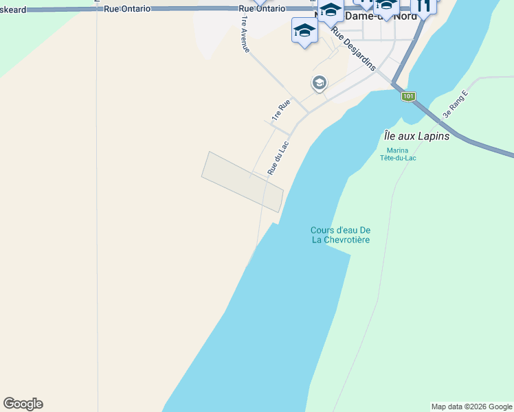 map of restaurants, bars, coffee shops, grocery stores, and more near 140 Rue du Lac in Notre-Dame-du-Nord
