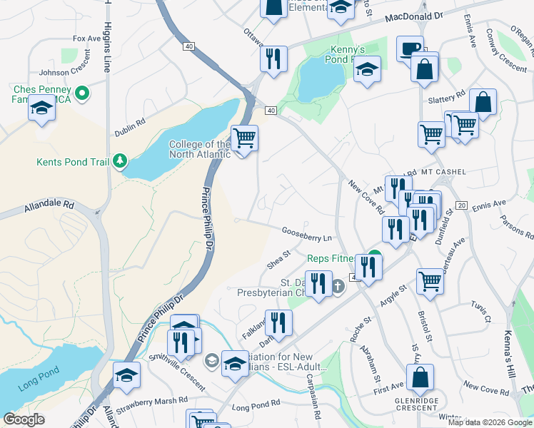 map of restaurants, bars, coffee shops, grocery stores, and more near 5 Simms Street in St. John's