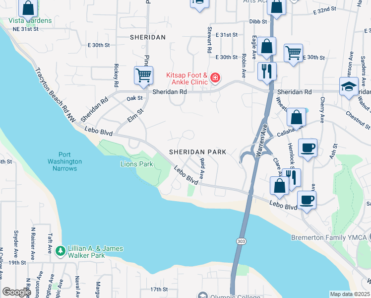 map of restaurants, bars, coffee shops, grocery stores, and more near 322 Willow Street in Bremerton
