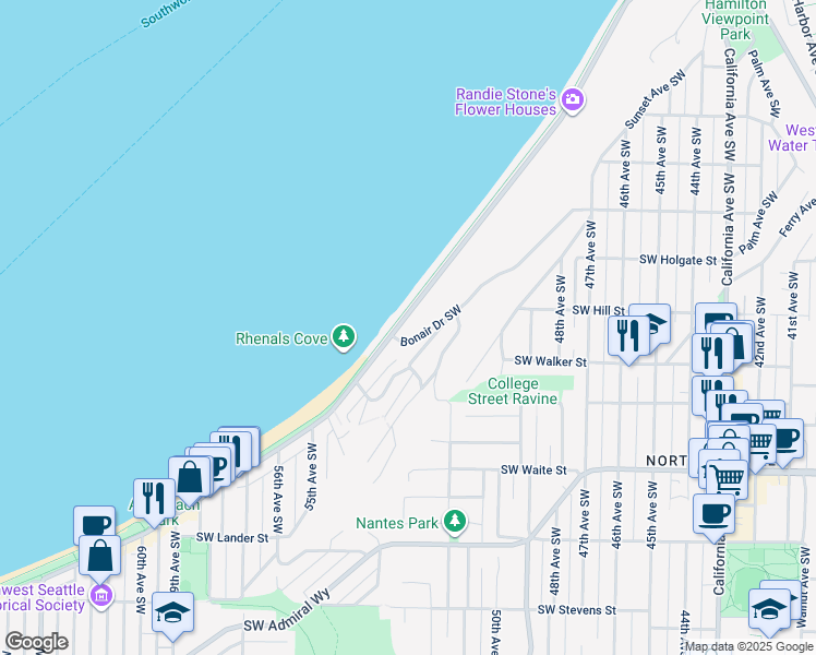 map of restaurants, bars, coffee shops, grocery stores, and more near 2134 Bonair Drive Southwest in Seattle