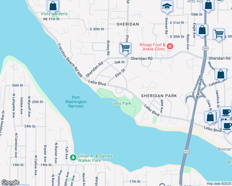 map of restaurants, bars, coffee shops, grocery stores, and more near 251 Lebo Boulevard in Bremerton