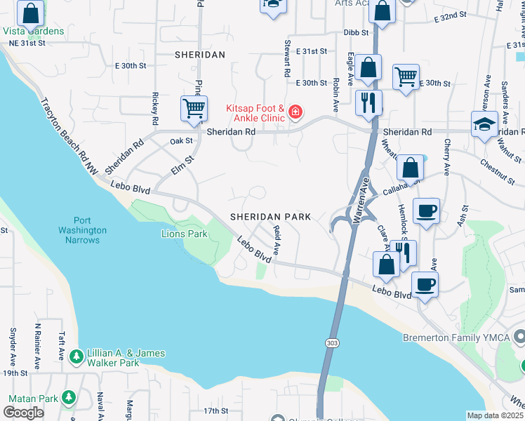 map of restaurants, bars, coffee shops, grocery stores, and more near 2641 Stephenson Avenue in Bremerton