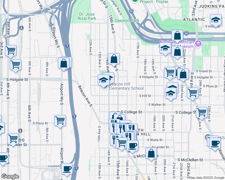 map of restaurants, bars, coffee shops, grocery stores, and more near in Seattle