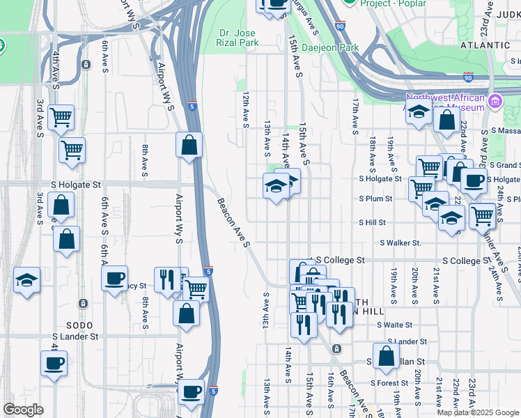 map of restaurants, bars, coffee shops, grocery stores, and more near 1301 South Hill Street in Seattle