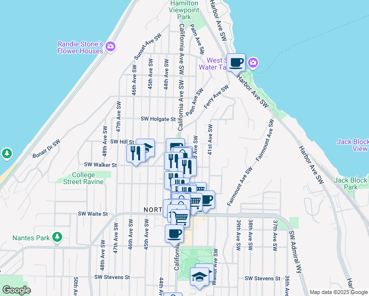 map of restaurants, bars, coffee shops, grocery stores, and more near in Seattle