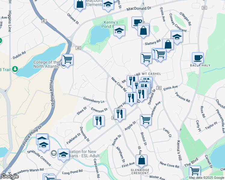 map of restaurants, bars, coffee shops, grocery stores, and more near 25 Laughlin Crescent in St. John's