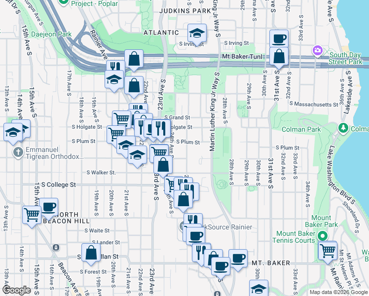 map of restaurants, bars, coffee shops, grocery stores, and more near 2101 South Hill Street in Seattle