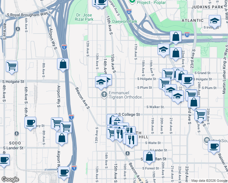 map of restaurants, bars, coffee shops, grocery stores, and more near 1506 South Hill Street in Seattle