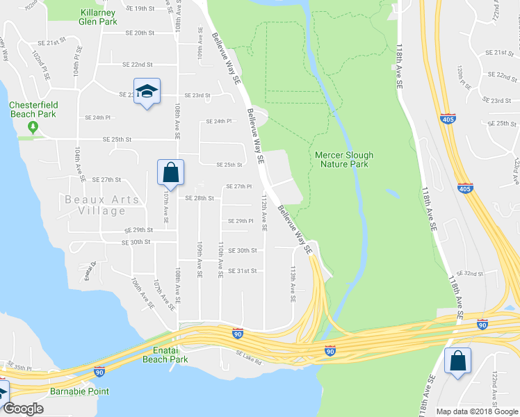 map of restaurants, bars, coffee shops, grocery stores, and more near 2805 112th Avenue Southeast in Bellevue